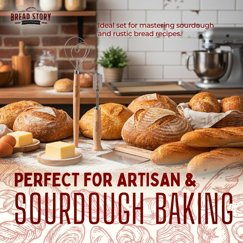 Bread Story Danish Dough Whisk Set â€“ Wooden Scraper & Lame Scoring Tool | Sourdough Whisk & Mixing Tool Kit | Bread Utensils for Homemade Bread, Pizza, Pastry | Stainless Steel & Wood - Image 4